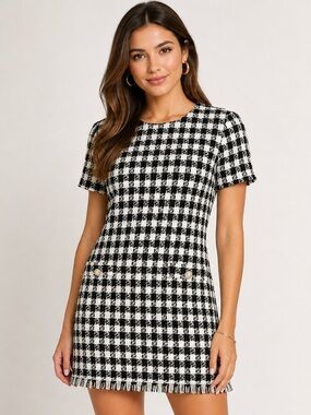 BEPop Black White Houndstooth Tweed Mini Dress Fringe Hem Preppy Retro Mod Shift